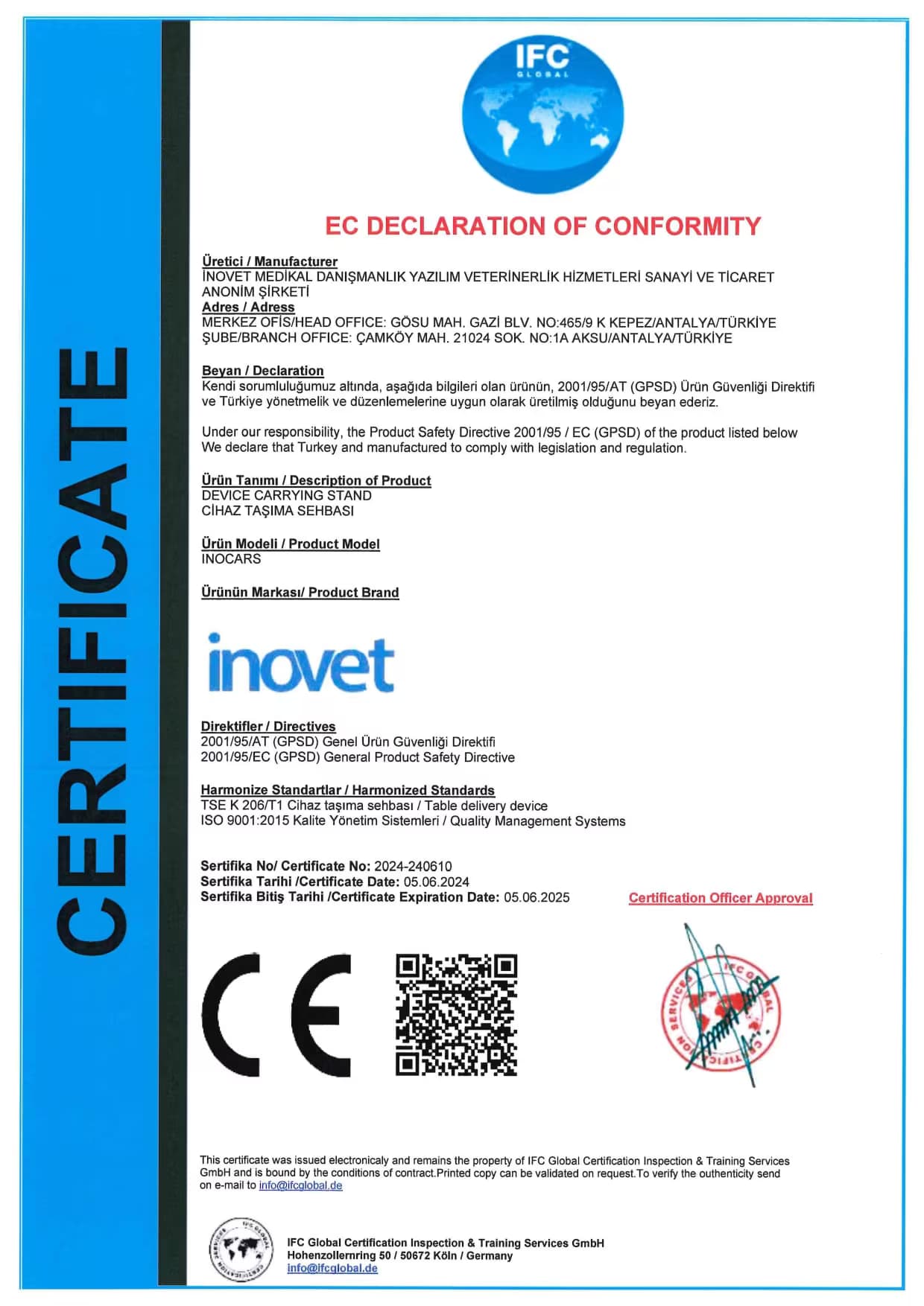 INOVET INOCARS CE DEKLARASYON